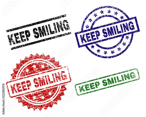 KEEP SMILING seal prints with distress style. Black, green,red,blue vector rubber prints of KEEP SMILING text with dust style. Rubber seals with circle, rectangle, medal shapes.