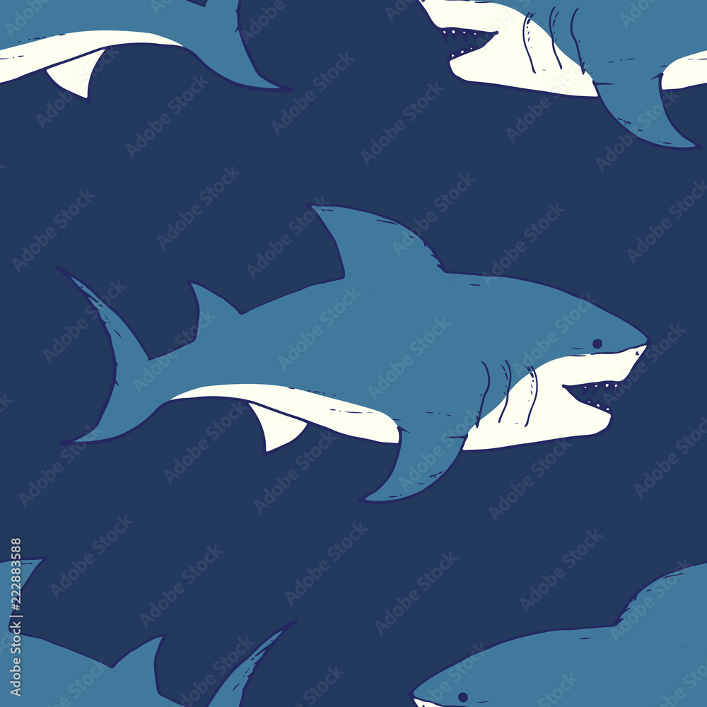 Fototapeta premium Shark seamless pattern, Hand drawn sketched doodle shark, vector illustration