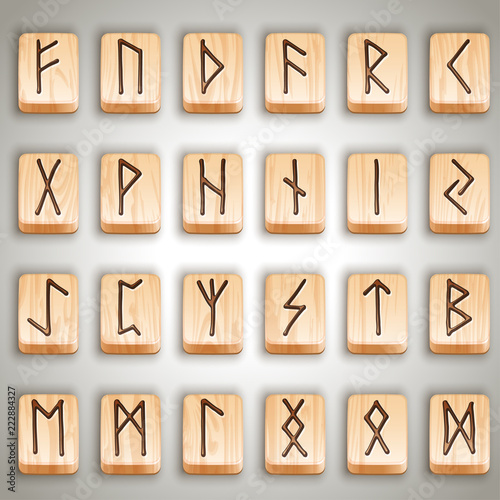 Vector illustration - set of norse scandinavian wooden runes, runic alphabet, futhark