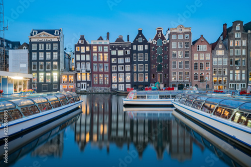 Photography Night view of the interest Dutch house building at Amsterdam downtown