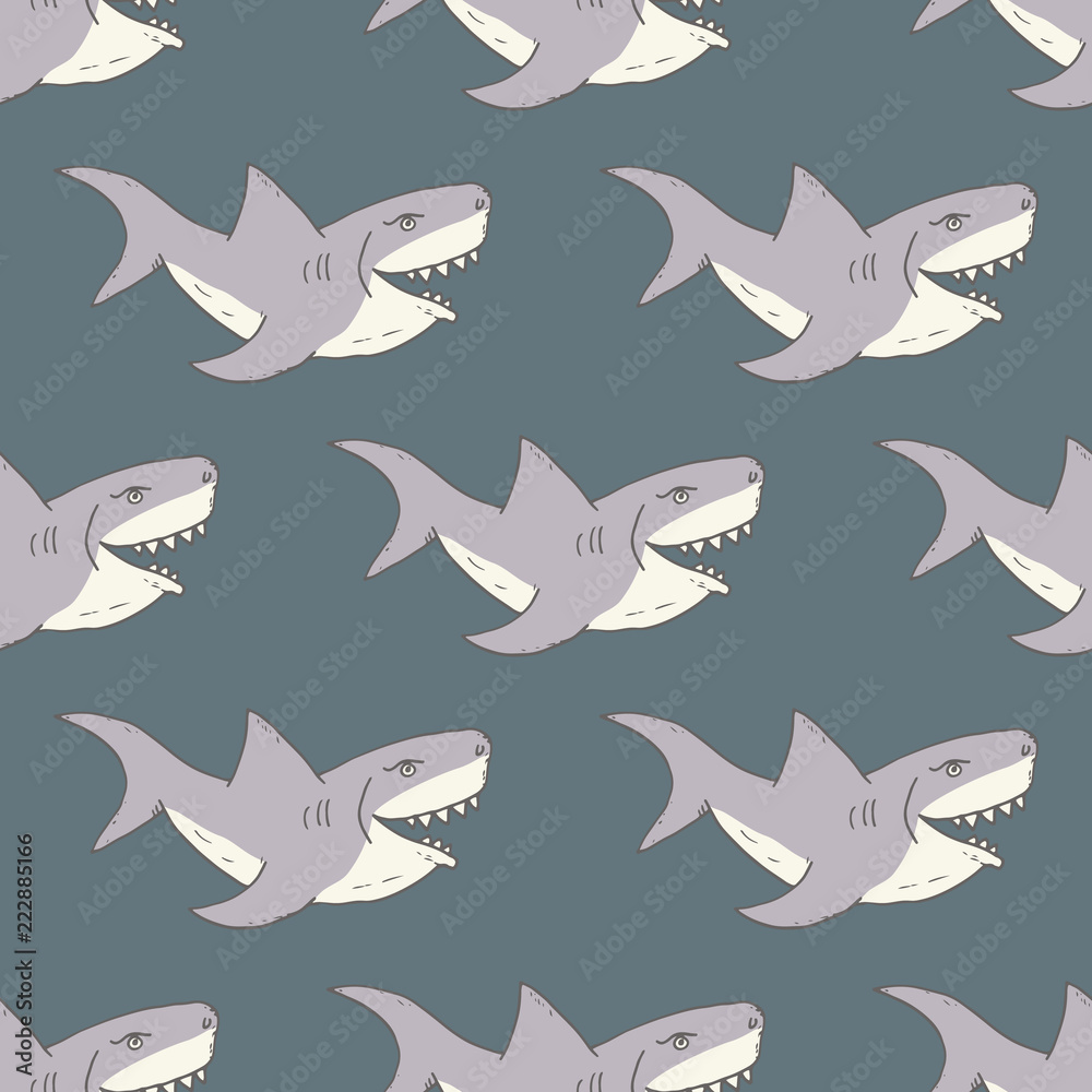 Fototapeta premium Shark seamless pattern, Hand drawn sketched doodle shark, vector illustration