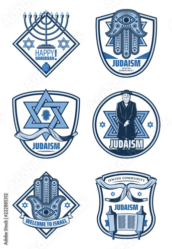 Judaism religion and Hanukkah holiday icons