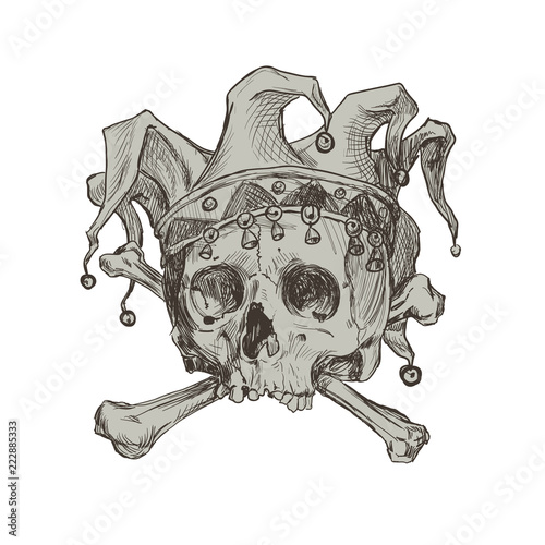 Hand drawing the skull of a joker in a comic cap.