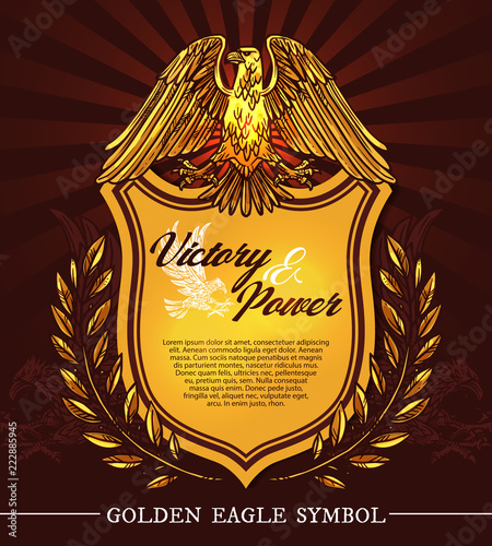 Golden hearldic eagle, shield and laurel