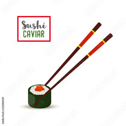 Vector sushi with chopsticks - red caviar, nori, rice