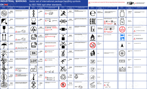 Industrial package marking vector set package handling icons symbols. ISO package symbols icons application rules with illustrations examples. Packaging icons symbols  Cargo marking. Box package icons