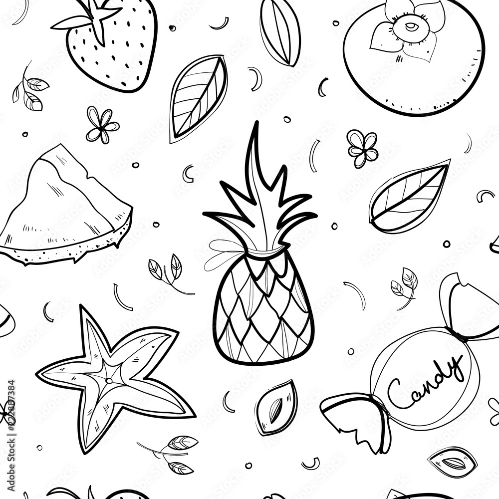 Fototapeta premium Seamless pattern in black &white lines. Fruits, Summer topic