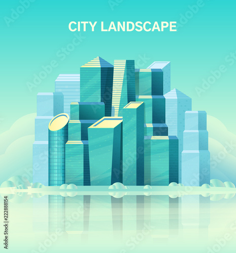 City landscape with high glass skyscraper and water reflection. Modern architecture and buildings. Vector flat.