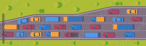 Traffic jam. Road dence traffic on motorway or highway. Different car on road. Top view vector.