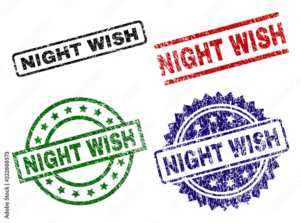 NIGHT WISH seal prints with corroded texture. Black, green,red,blue vector rubber prints of NIGHT WISH tag with dirty style. Rubber seals with round, rectangle, rosette shapes. NIGHT WISH seal prints with corroded texture. Black, green,red,blue vector rubber prints of NIGHT WISH tag with dirty style. Rubber seals with round, rectangle, rosette shapes.