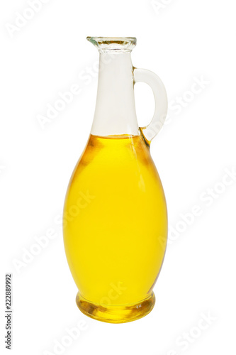 Sunflower oil glass bottle isolated on white background. Food, cooking, farm work. Agriculture, organic. Flat lay, top view
