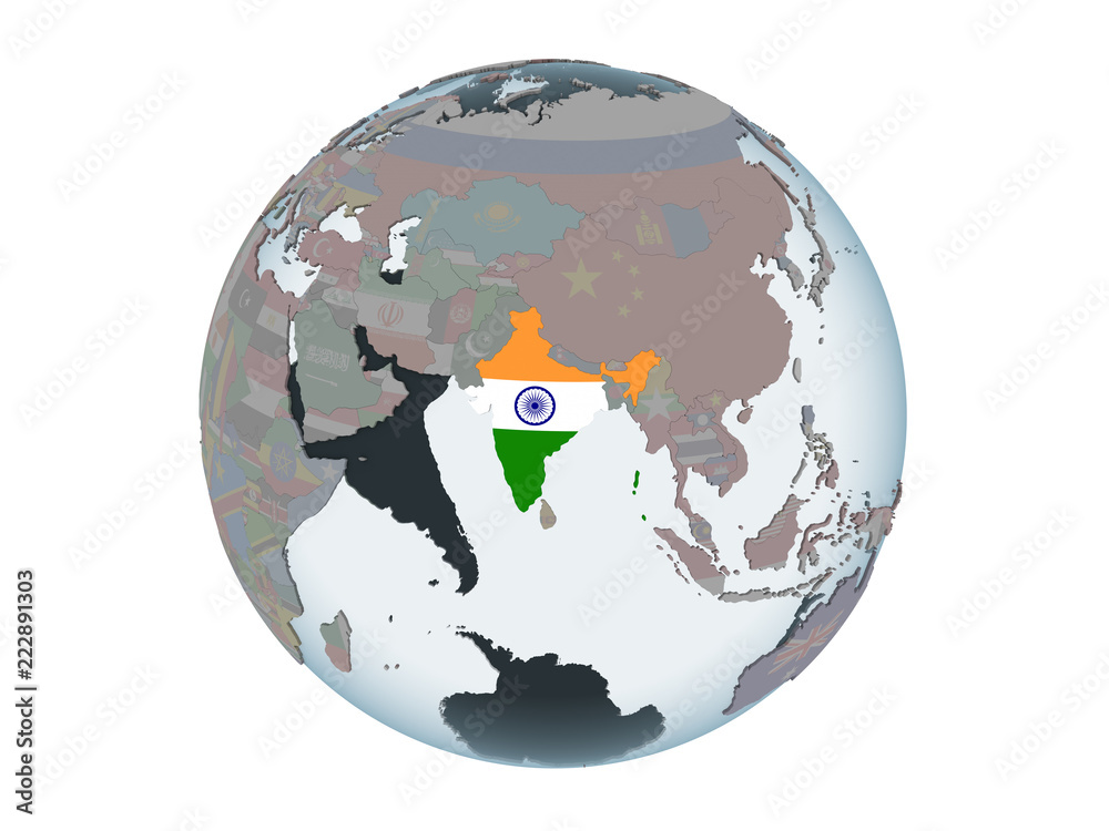 India with flag on globe isolated India with flag on globe isolated