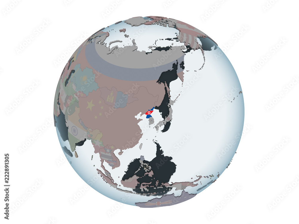 Obraz premium North Korea with flag on globe isolated