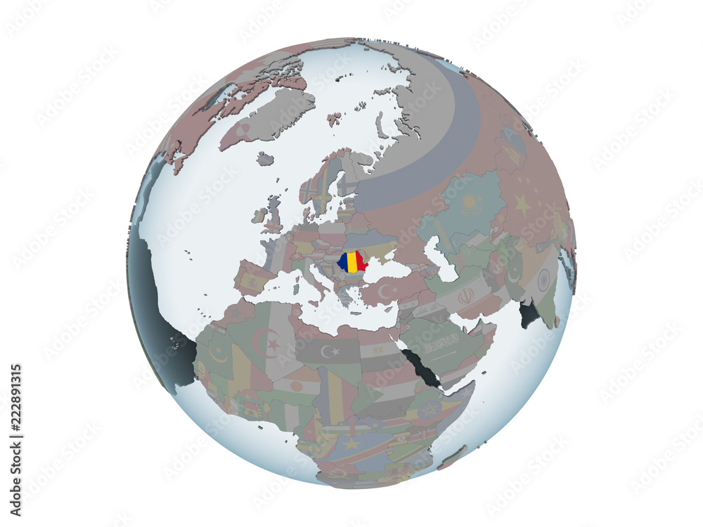 Obraz premium Romania with flag on globe isolated