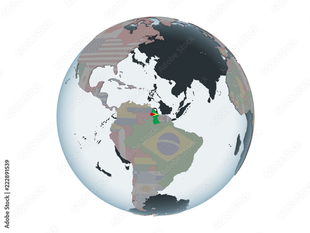 Naklejka premium Guyana with flag on globe isolated