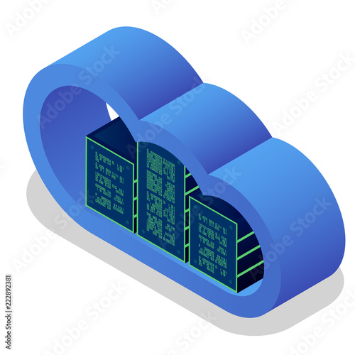 Cloud technology Isometric concept, Modern computing services. Integrated digital web cloud storage