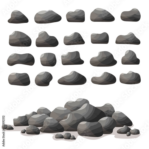 Rock stone cartoon in flat style. Set of different boulders