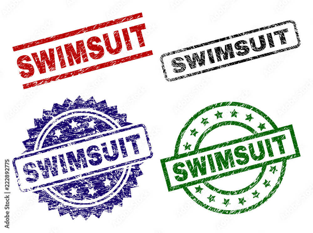 SWIMSUIT seal prints with damaged style. Black, green,red,blue vector rubber prints of SWIMSUIT tag with dust style. Rubber seals with round, rectangle, rosette shapes. SWIMSUIT seal prints with damaged style. Black, green,red,blue vector rubber prints of SWIMSUIT tag with dust style. Rubber seals with round, rectangle, rosette shapes.