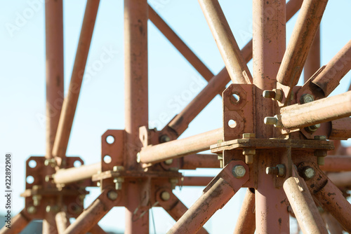 Scaffolding Elements Construction. Metal scaffolding tubes and bars. Construction site details. Bridge support.