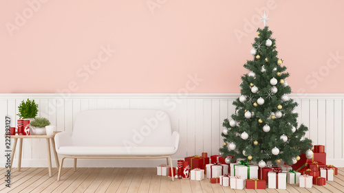 Christmas tree and gift box in living room on pink tone -  Room artwork for Christmas day or happy new year- 3D Illustration