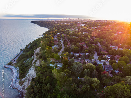 Scarborough bluffs Sunset Aerial with Toronto Skyline photo