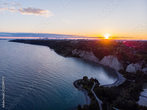 Scarborough bluffs Sunset Aerial with Toronto Skyline