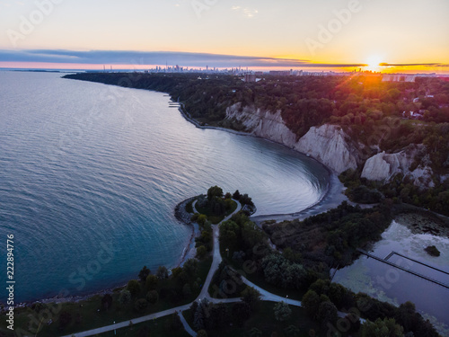 Scarborough bluffs Sunset Aerial with Toronto Skyline