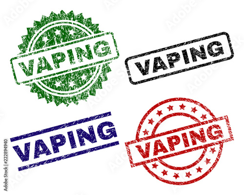 VAPING seal prints with corroded style. Black, green,red,blue vector rubber prints of VAPING title with scratched style. Rubber seals with circle, rectangle, rosette shapes.