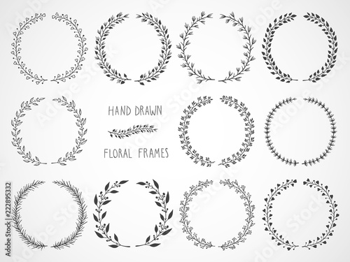 Vector set of floral hand drawn round frames.