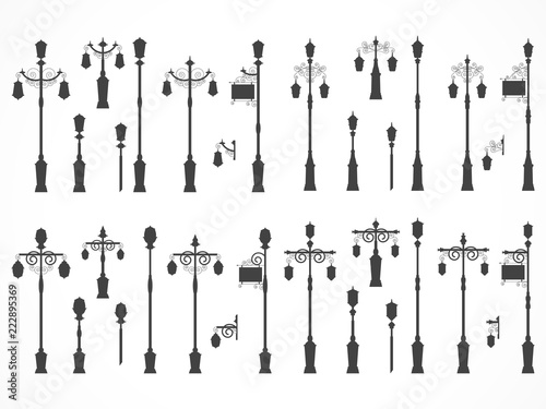 Vector set of street lights. Black silhouettes.