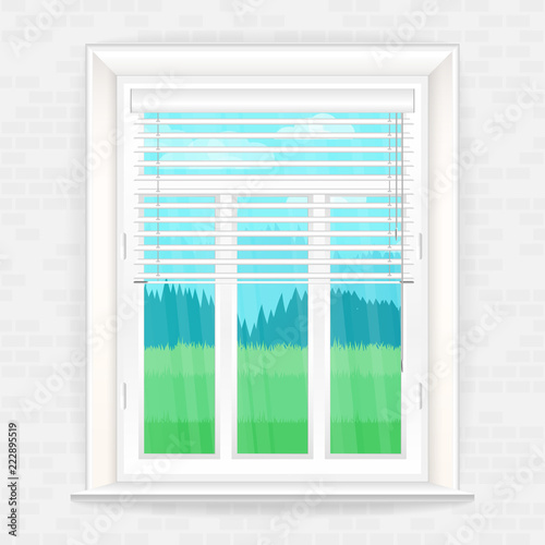 Illustration with window in realistic style on a brick wall and the rustic landscape outside the window. Vector background.