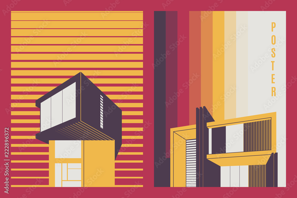Fototapeta premium Architecture conceptual drawings. Colorful minimalistic house backgrounds. Vector illustration.