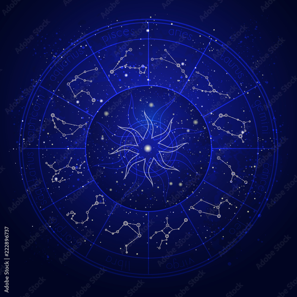 Illustration with Horoscope circle and Zodiac constellation on the starry night sky background. Vector illustrations in blue color.