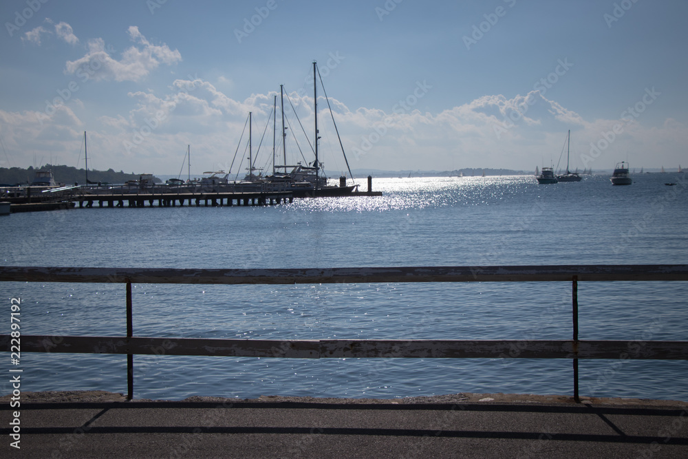 Fototapeta premium view of sailboats and pier from land