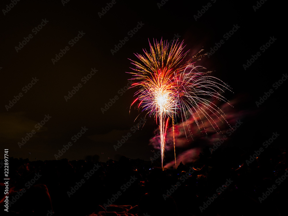 Beautiful vibrant and colorful red, purple, pink and white fourth of July independence day celebratory fireworks exploding in the black night sky. Beautiful vibrant and colorful red, purple, pink and white fourth of July independence day celebratory fireworks exploding in the black night sky.