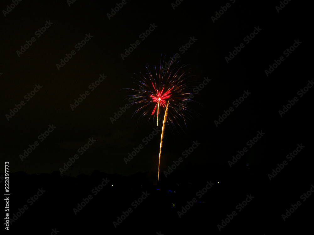 Beautiful vibrant and colorful purple and red fourth of July independence day celebratory fireworks exploding in the black night sky with bright yellow tail. Beautiful vibrant and colorful purple and red fourth of July independence day celebratory fireworks exploding in the black night sky with bright yellow tail.