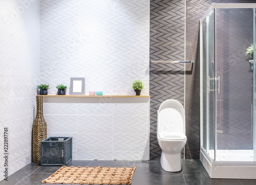 Bathroom interior with white walls, a shower cabin with glass wall, a toilet and sink