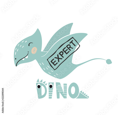 Dinosaur baby boy cute print. Dino expert slogan and lettering.