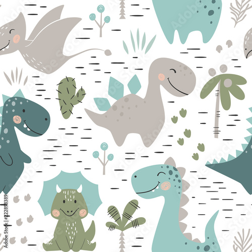 Dinosaur baby boy seamless pattern. Sweet dino with palm and cactus