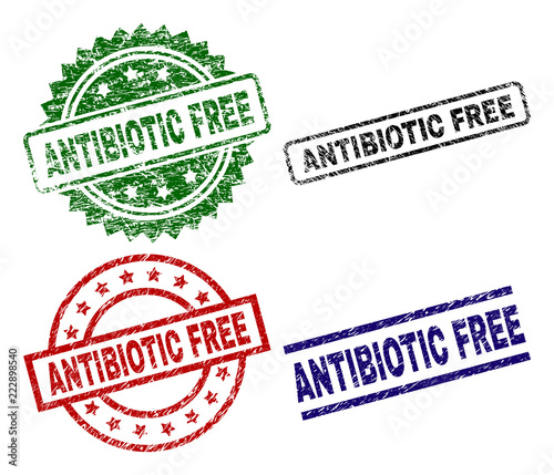 ANTIBIOTIC FREE seal prints with corroded texture. Black, green,red,blue vector rubber prints of ANTIBIOTIC FREE label with grunge texture. Rubber seals with round, rectangle, medal shapes.