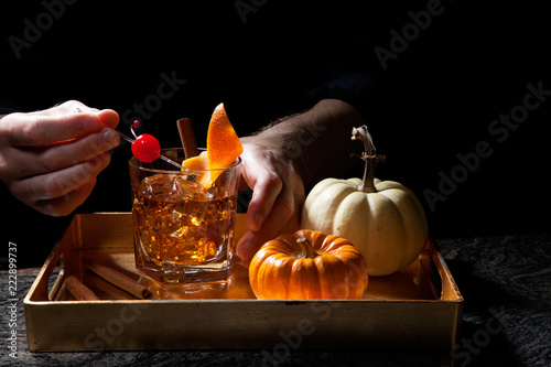 Fall Drinks in Bar - Old Fashioned Whiskey Cocktail