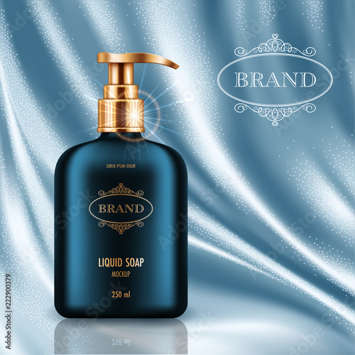 Cosmetic advertising poster with realistic containers for skin care products on light blue smooth satin fabric background. Mockup for promoting your brand