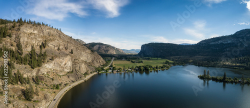 Aerial panoramic view of Okanagan Hwy near Vaseux Lake during a sunny summer day. Located between Oliver and Penticton, BC, Canada. © edb3_16