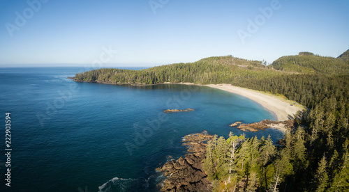 Beautiful aerial panoramic seascape view of Pacific Ocean Coast during a vibrant summer day. Taken at Grant Bay, Northern Vancouver Island, BC, Canada. © edb3_16