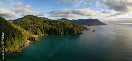 Striking aerial panoramic view of the Pacific Ocean Coast during a vibrant summer sunset. Taken in San Josef Bay, Cape Scott, Northern Vancouver Island, BC, Canada.
