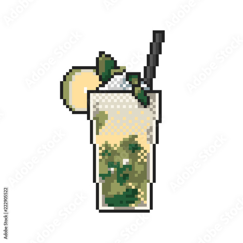 Refreshing icy lemonade with mint, lemon and ice pixel art on white background. Vector illustration.