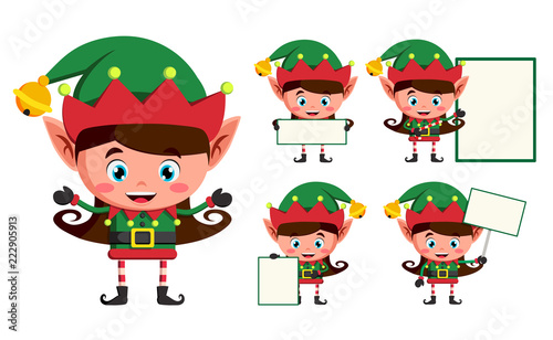 Elf christmas vector character set. Girl elves cartoon characters working and holding blank white board for christmas greeting isolated in white background. Vector illustration.
