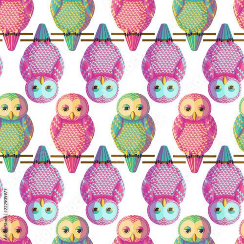 Seamless vector pattern with multicolored owls.