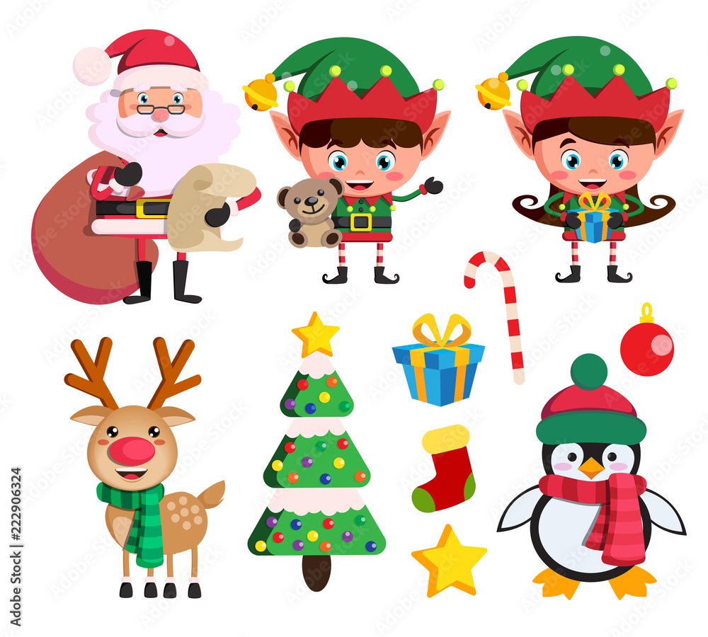 Christmas elements and vector characters like santa claus, elf ans reindeer with christmas elements and objects isolated in white background. Vector illustration.
Christmas elements and vector characters like santa claus, elf ans reindeer with christmas elements and objects isolated in white background. Vector illustration.