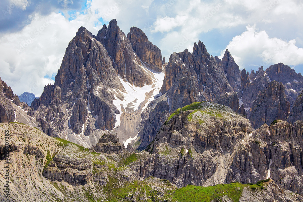 High peaks of Dolomites in Tre Cime di Lavaredo Natural park, Italy